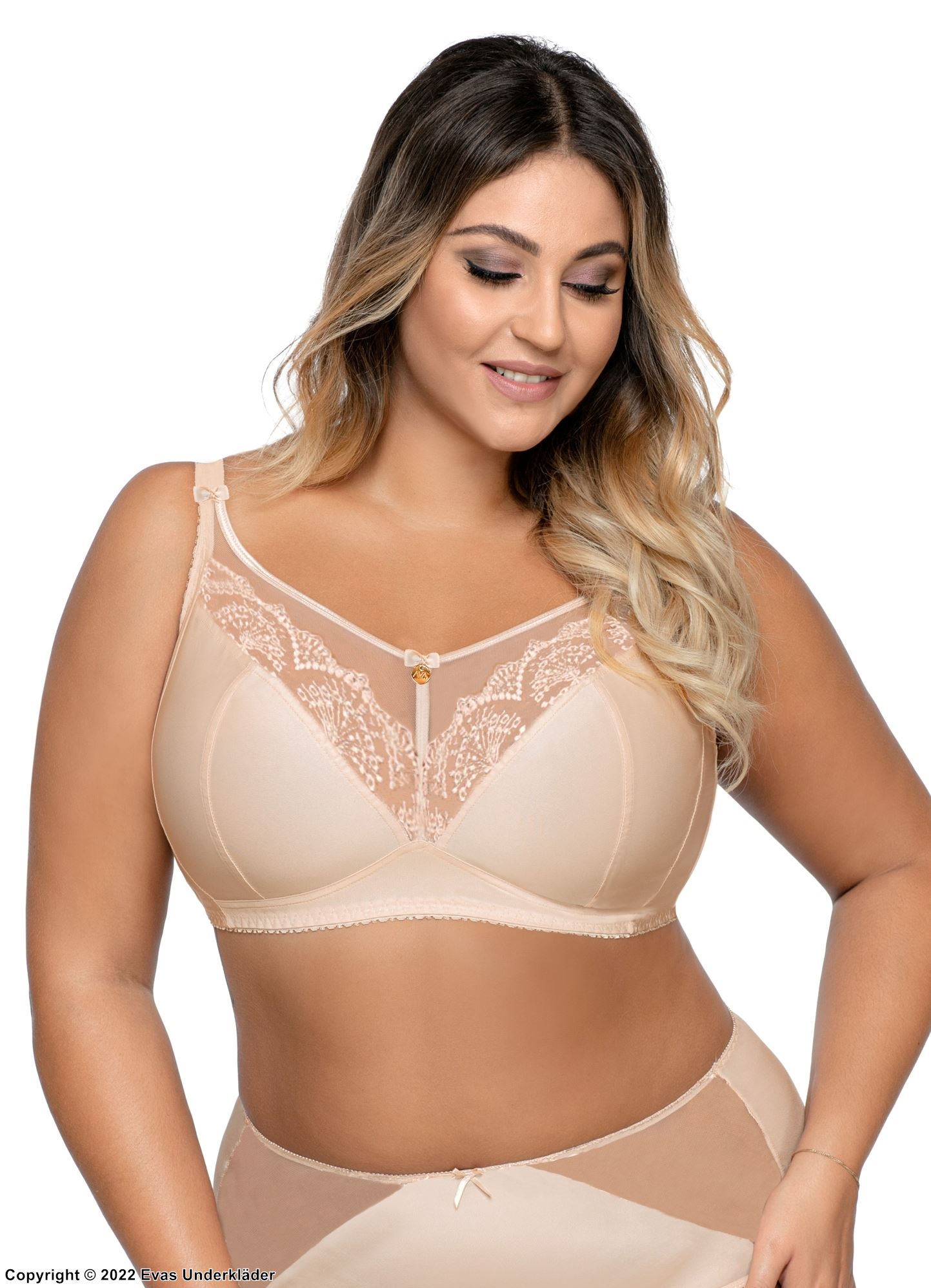 Soft bra, sheer mesh and lace, wide shoulder straps, B to K-cup